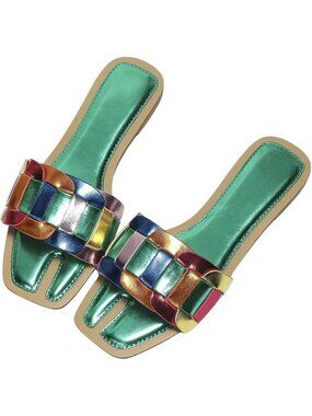 Women's Green Metallic Flat Sandals Dressy Slippers Sparkly Cute Open Toe